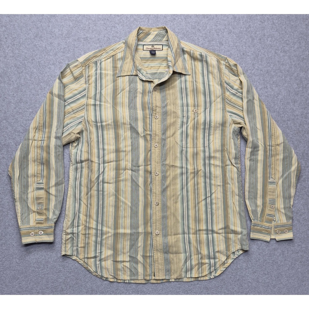 Tommy Bahama Shirt Mens L 100% Silk Striped Long Sleeve Casual Button Down